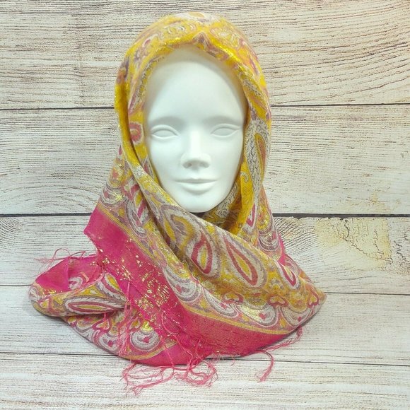 Women Scarf Soft Silky Shawl Wrap Paisley Stole Head Cover Veil Gold Pink Gift - Picture 6 of 12